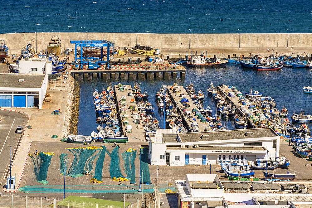 View of the fishing habour from fortress wall, old Medina, Tangier, Morocco, North Africa, Africa