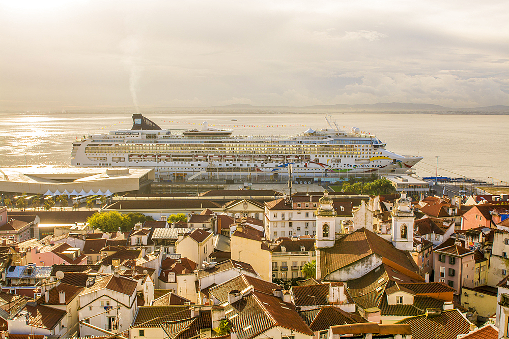 Main cruise terminal and docks, Alfama district,, Lisbon, Portugal.