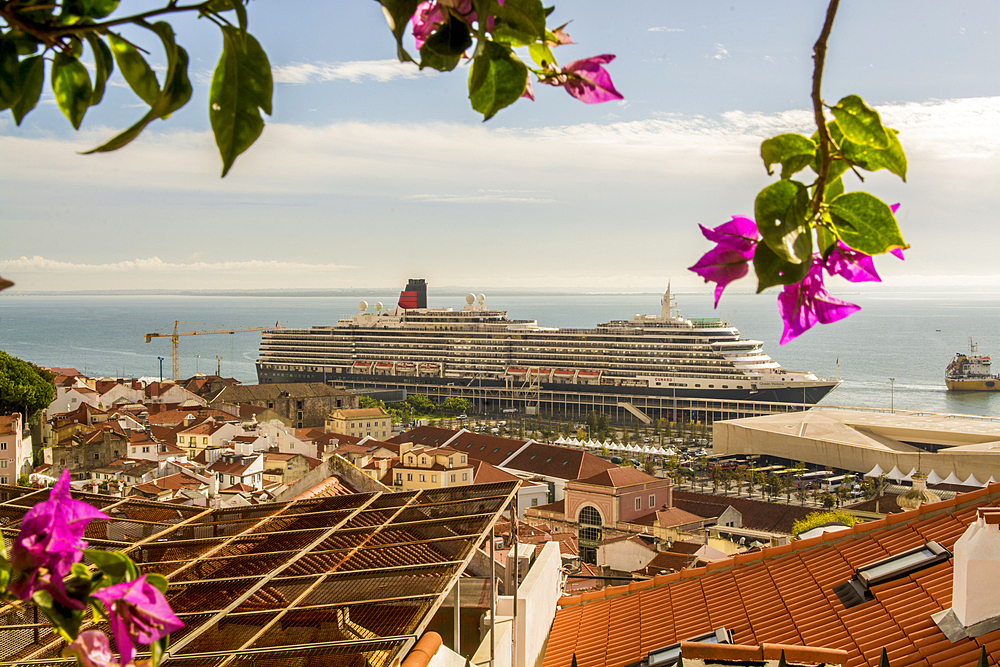 Cunard Queen Victoria cruise ship at the Main cruise terminal and docks, Alfama district,, Lisbon, Portugal.