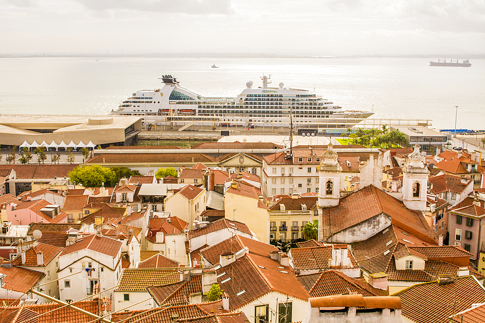 Seabourn Sojourn at the Main cruise terminal and docks, Alfama district,, Lisbon, Portugal.
