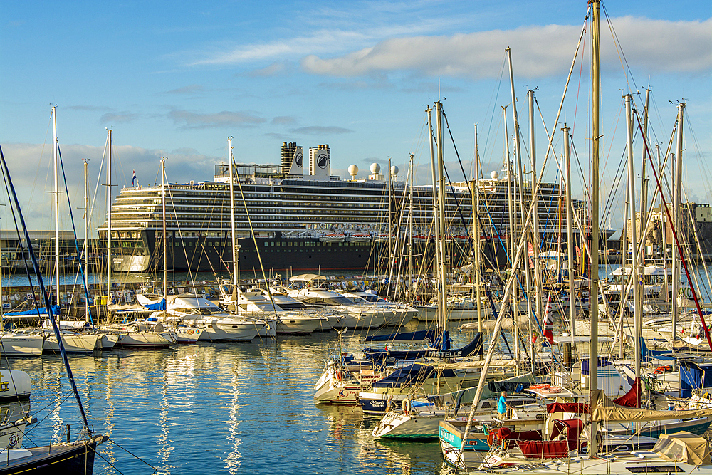 Holland America Zuiderdam cruise ship at dock in Port of Funchal Cruise terminal port harbor, Funchal, Madeira, Portugal.