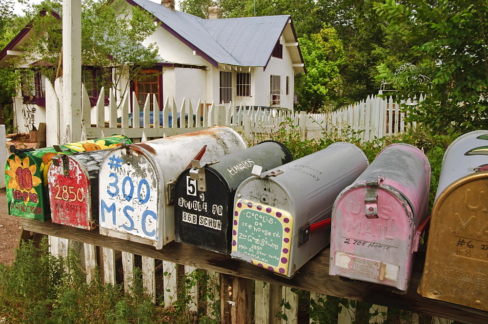 Colourful mailboxes in Madrid, New Mexico, United States of America, North America