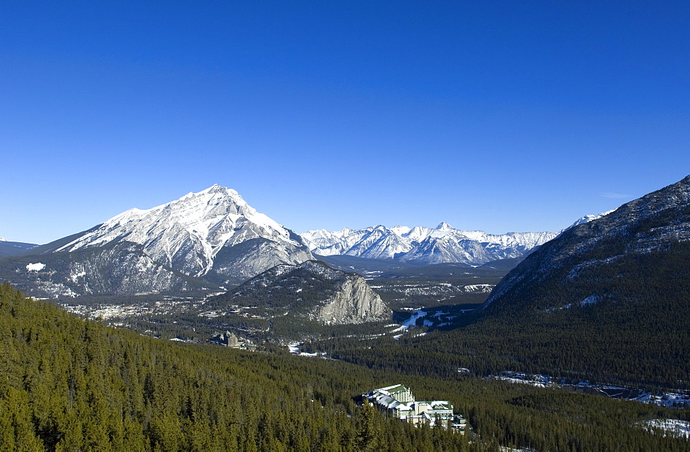 Views of Banff and the Bow Valley surrounded by Rocky Mountains from the top of Sulphur Mountain, Banff National Park, UNESCO World Heritage Site, Alberta, Canada, North America