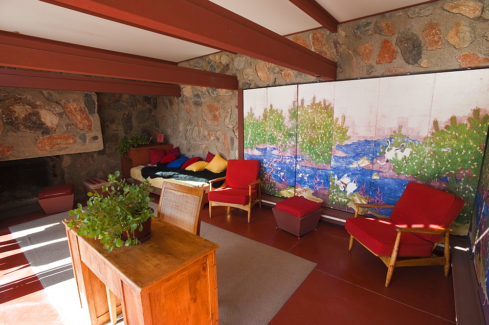 Sitting area at Taliesin West, Frank Lloyd Wright's winter home, Scottsdale, Arizona, United States of America, North America