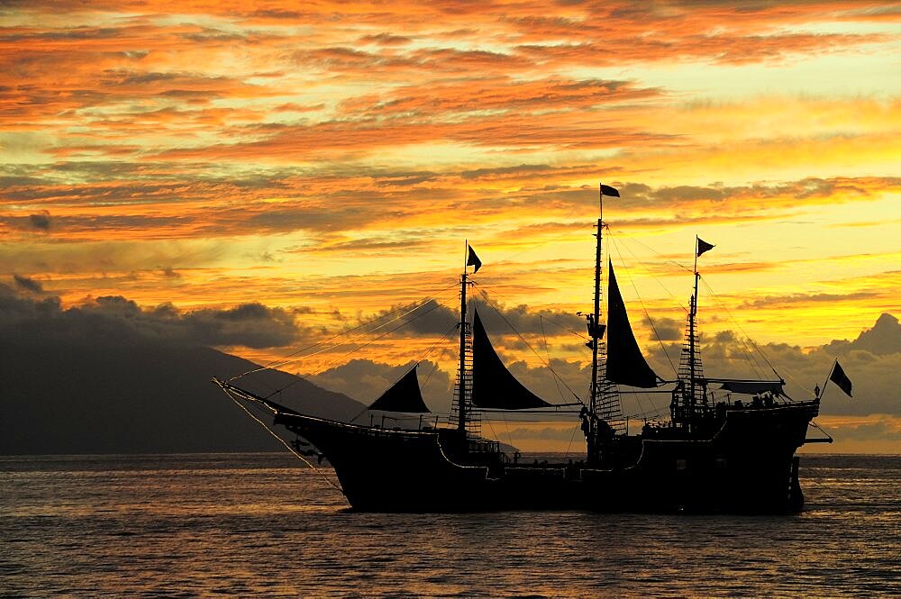 Mexico, Jalisco, Puerto Vallarta , Ship sailing at sunset.