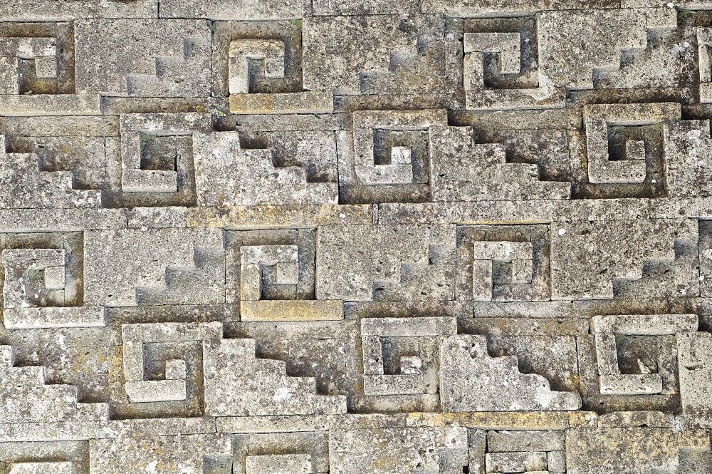 Mexico, Oaxaca, Mitla , Archaeological site Detail of geometric stone mosaic on the Templo de las Columnas.