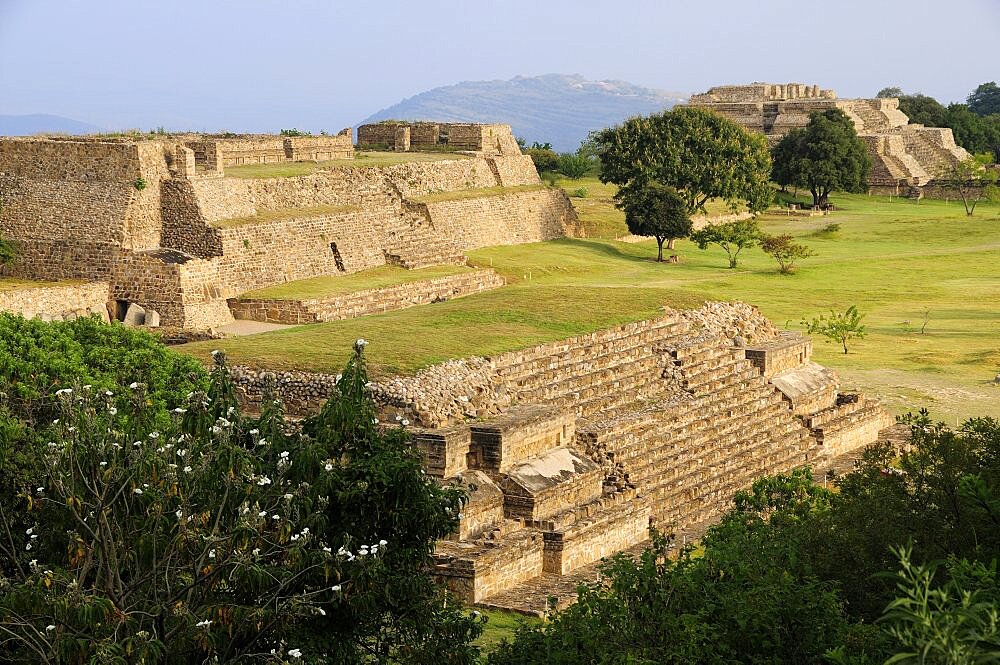 Mexico, Oaxaca, Monte Alban, Mexico Oaxaca Monte Alban archaeological site Ruins of Monticulo and Sistema IV buildings.