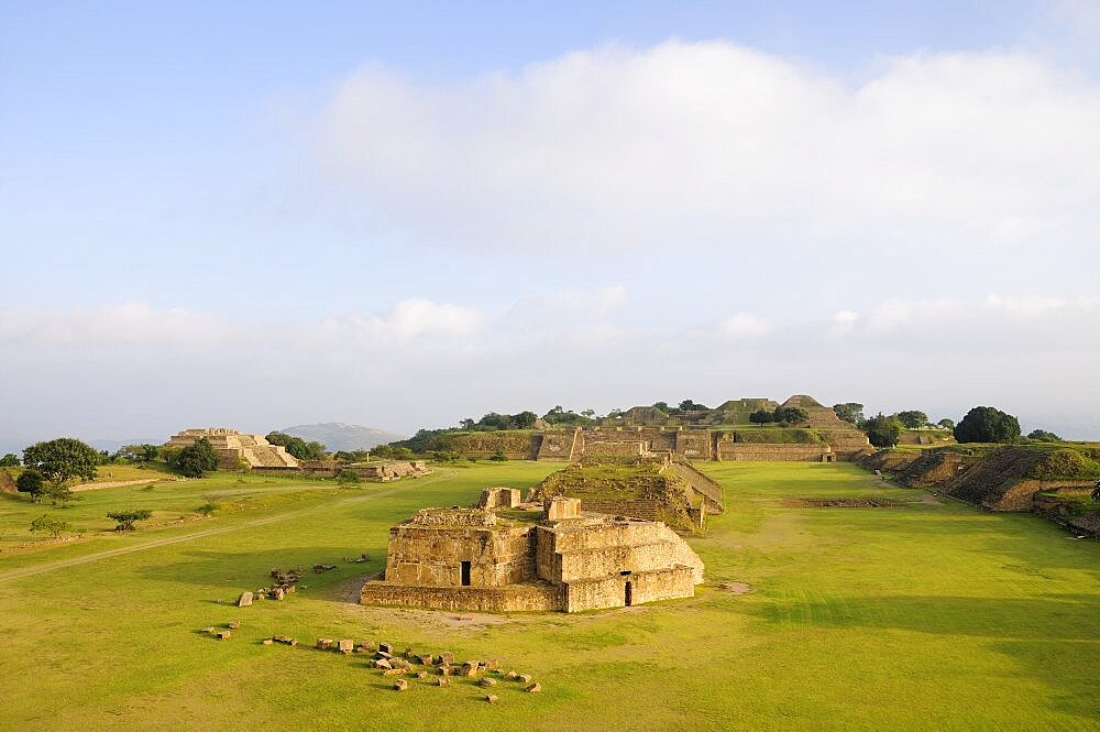 Mexico, Oaxaca, Monte Alban, Archaeological site Ruins of Monticulo J and Edifio I H and G buildings in the central plaza.