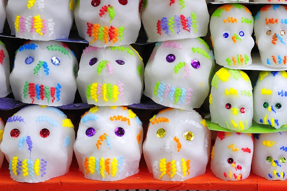 Mexico, Puebla, Sugar candies in the form of skulls for Dia de los Muertos or Day of the Dead festivities.