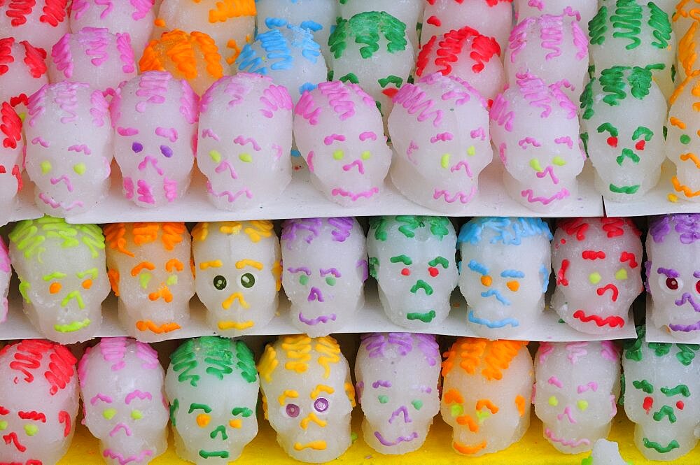 Mexico, Puebla, Sugar candies in the shape of skulls for Dia de los Muertos or Day of the dead celebrations.