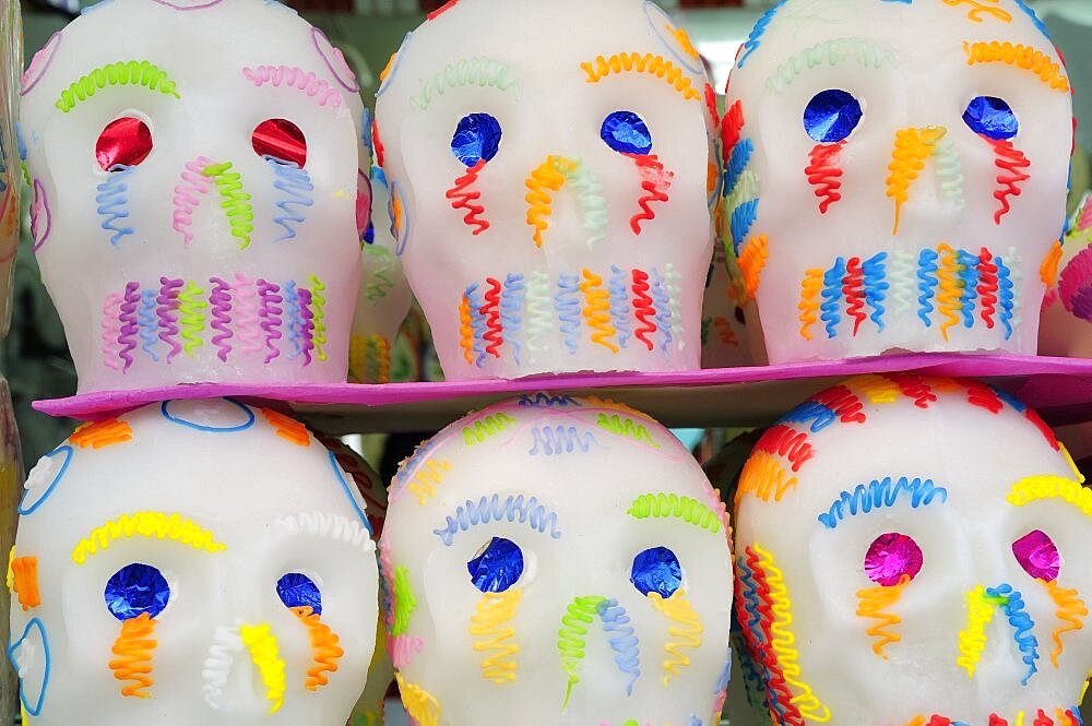 Mexico, Puebla, Sugar candies in the shape of skulls for Dia de los Muertos or Day of the Dead festivities.