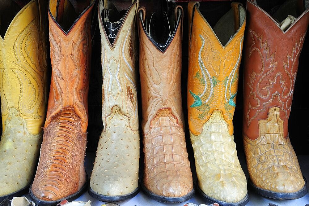 Mexico, Jalisco, Guadalajara, Line of embroidered leather boots for sale.