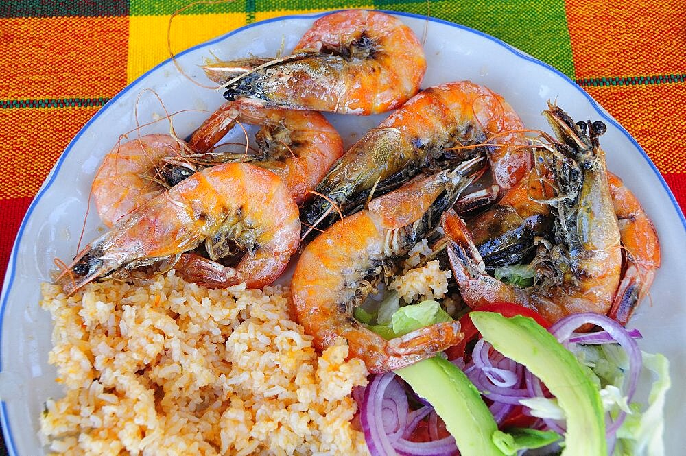 Mexico, Oaxaca, Huatulco, Gambas or prawns served on plate with sliced onion avocado tomato and couscous salad.