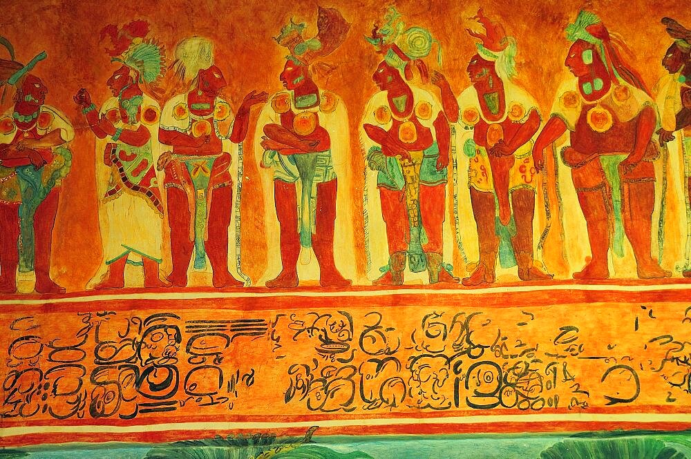 Mexico, Federal District, Mexico City, Museo Nacional de Antropologia Replica wall painting from Chiapas depicting line of figures with symbols below.