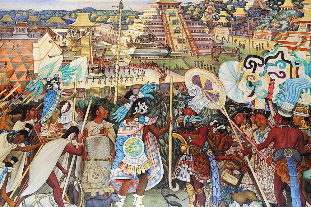 Mexico, Federal District, Mexico City, Mural by Diego Rivera depicting life before the Conquest in the Palacio National.