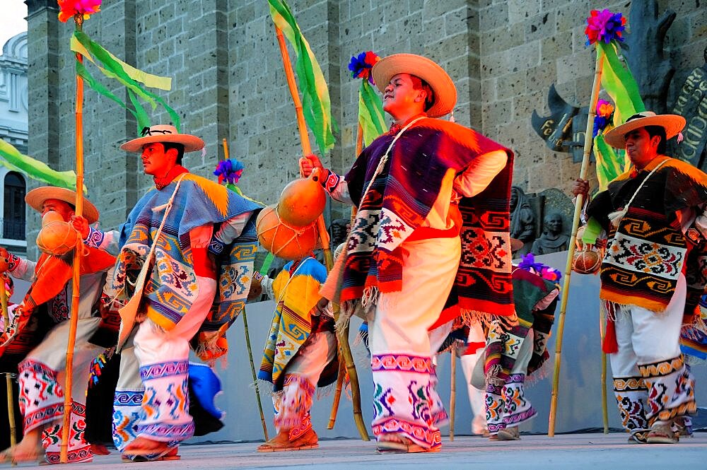 Mexico, Jalisco, Guadalajara, Plaza Tapatia Dancers from Guerrero State performing at carnival.