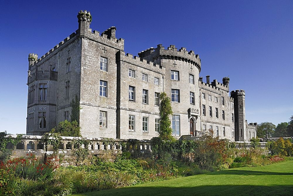 Ireland, County Sligo, Markree, Castle hotel angular view of the castle with section of the gardens in foreground.