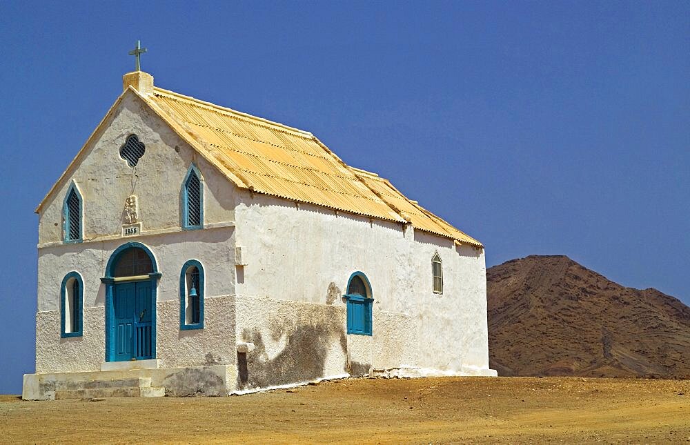 Cape Verde Islands, Sal Island, Pedra Lume, Isolated village Church with tin roof.