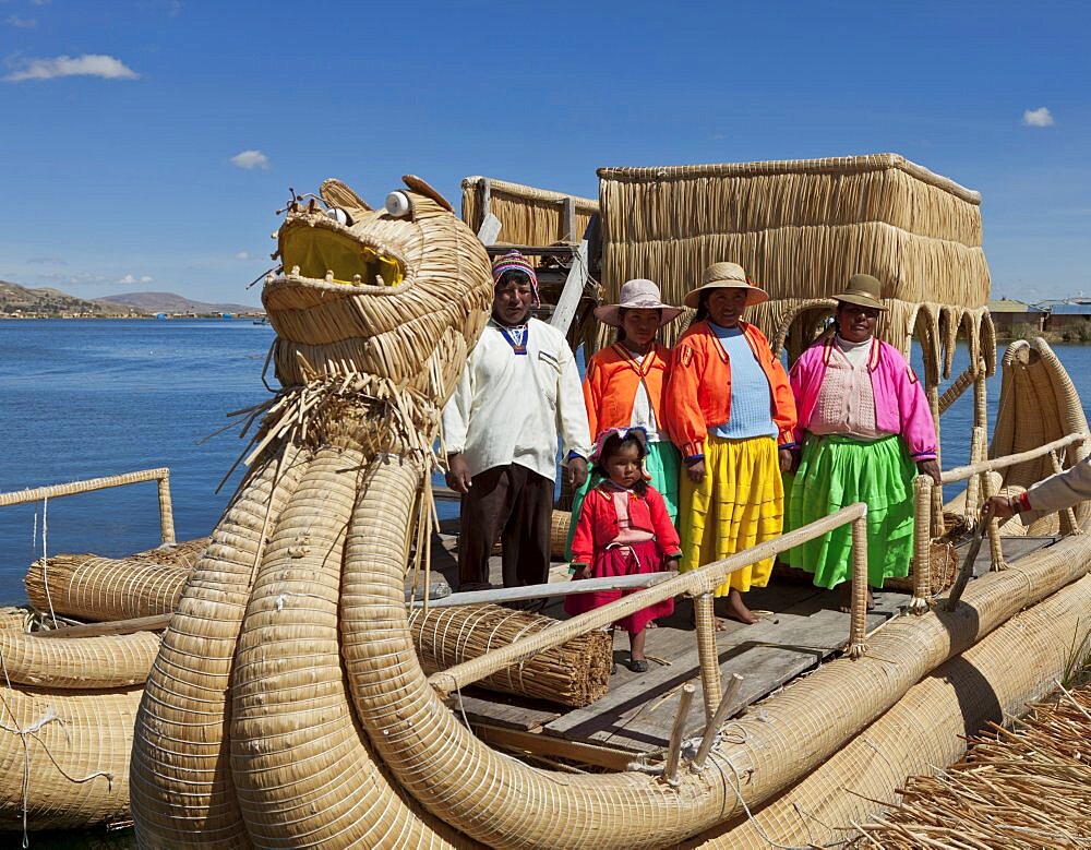 Peru, Puno, Residents of one of the many islands in Lake Titicaca.