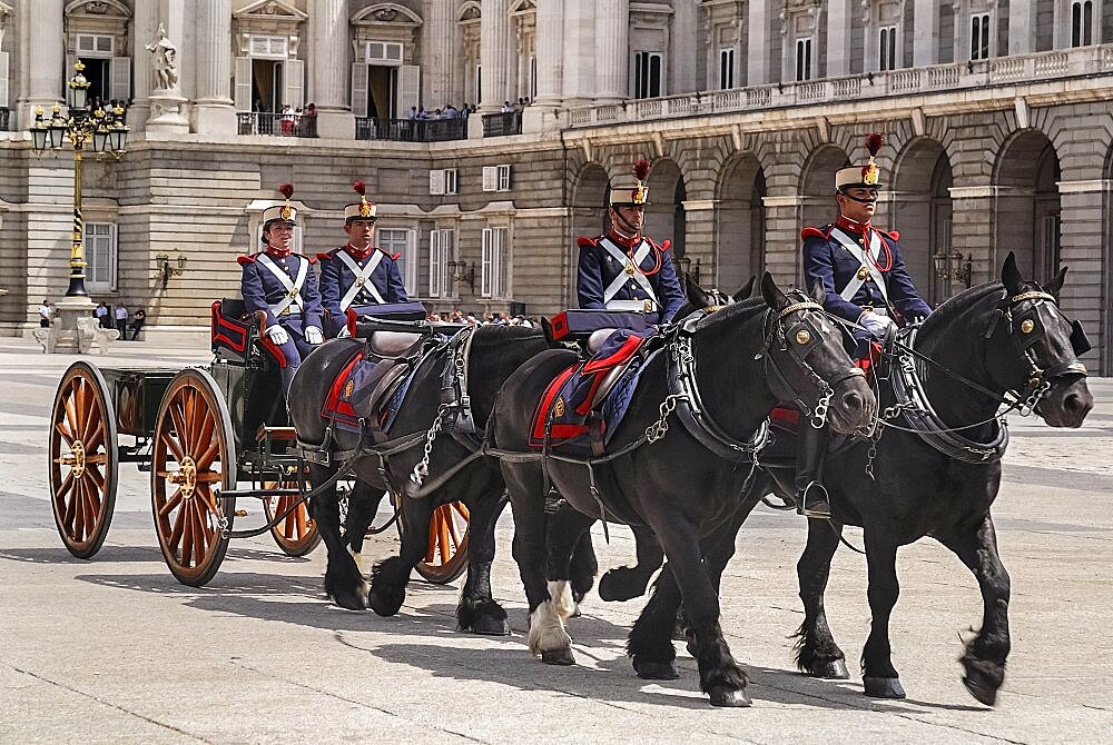 Spain, Madrid, Palacio Real Royal Palace Guards on parade.