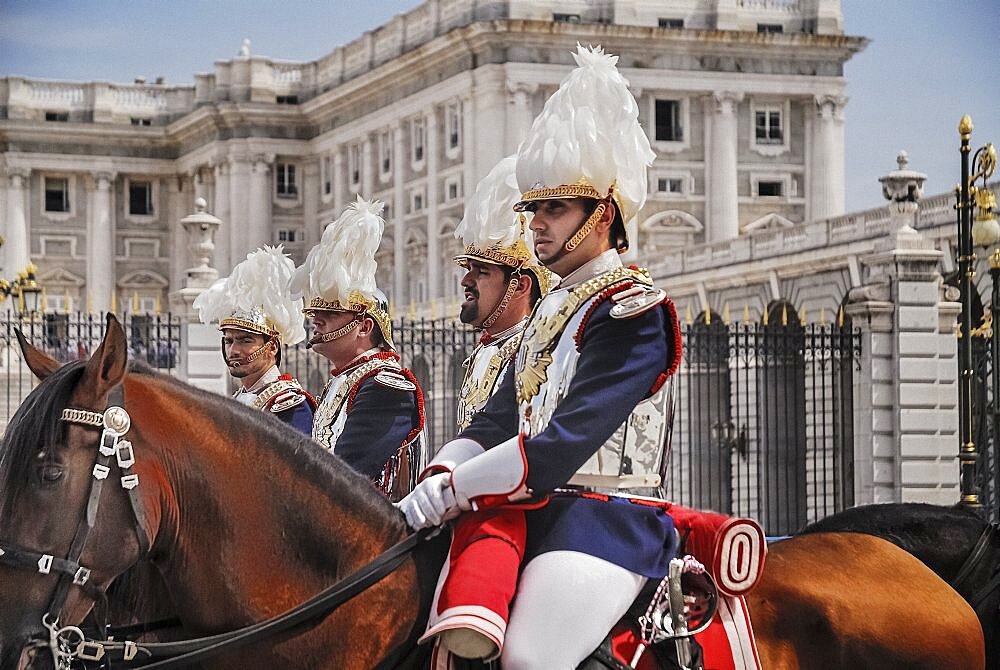 Spain, Madrid, Palacio Real Royal Palace Guards on parade.