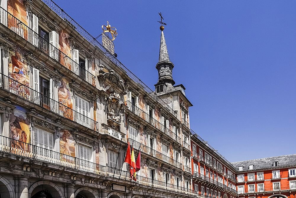 Spain, Madrid, Plaza Mayor Colorful murals on the Casa de la Panaderia.