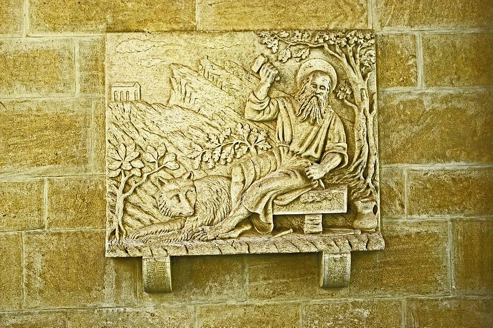 Republic of San Marino, San Marino City, Relief art on wall.