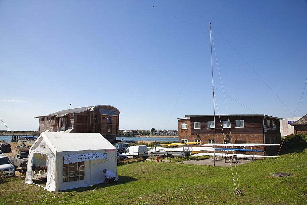 Leisure, Amateur, Radio, England West Sussex Shoreham-by-Sea Ham Radio tent set up in the grounds of the RNLI station.