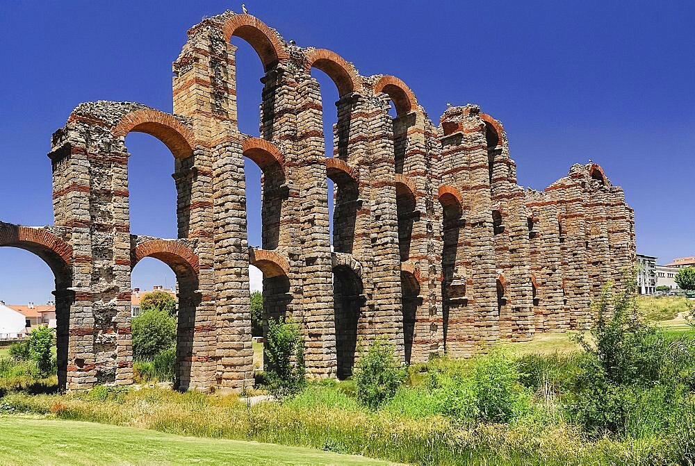 Spain, Extremadura, Merida, Los Milagros Aqueduct built by the Romans in the first century BC.