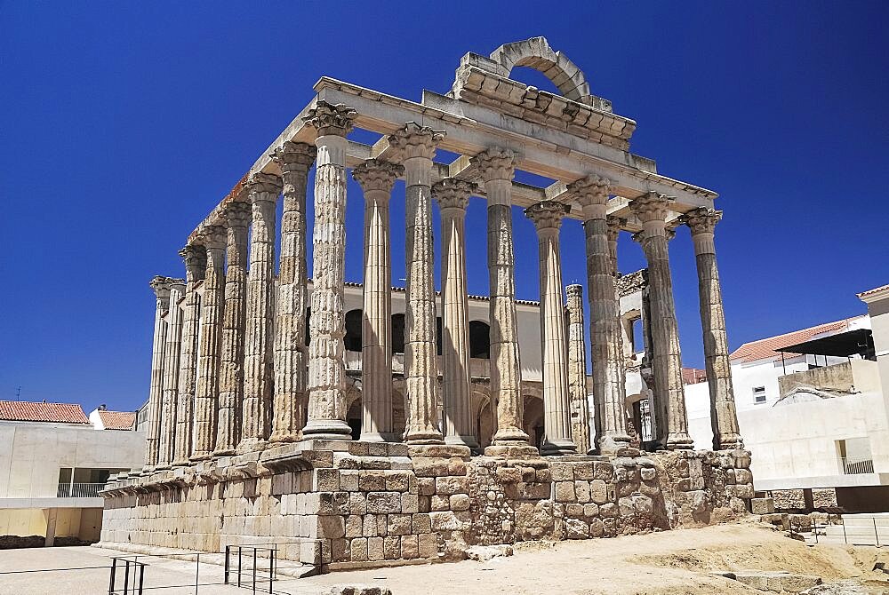 Spain, Extremadura, Merida, Ruins of the Roman Temple of Diana from the first century BC.