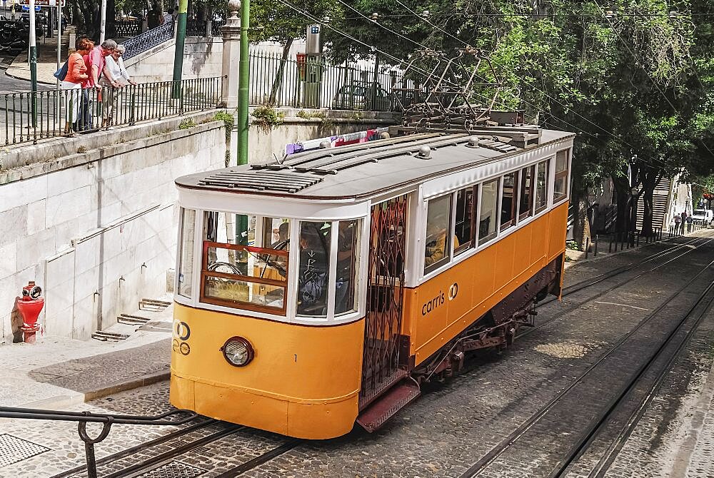 Portugal, Estremadura, Lisbon, Elevador da Gloria the Gloria Funicular tram.