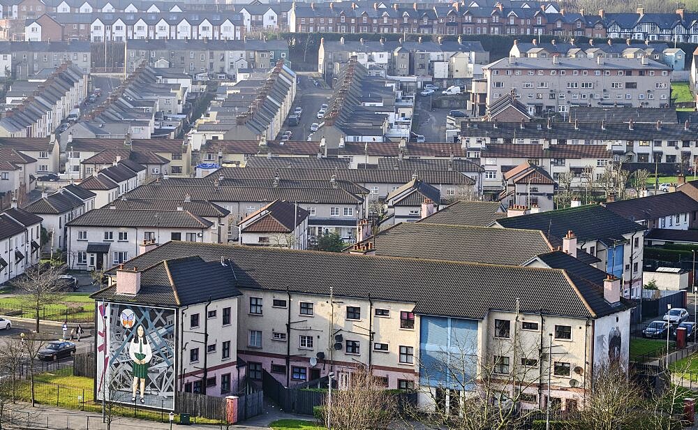 Ireland, North, Derry, View of the Bogside area from the city walls.