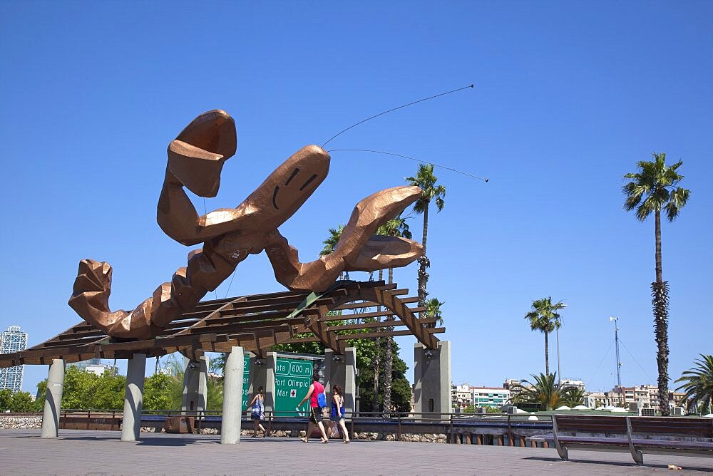 Spain, Catalonia, Barcelona, El Barri Gotic, La Gamba Sculpture next to Port Vell.