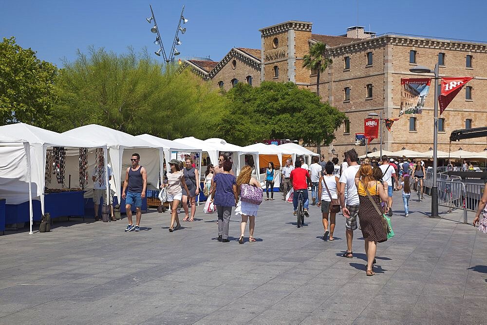 Spain, Catalonia, Barcelona, Tourist stalls nect to Museu D'Historia De Catalunya.