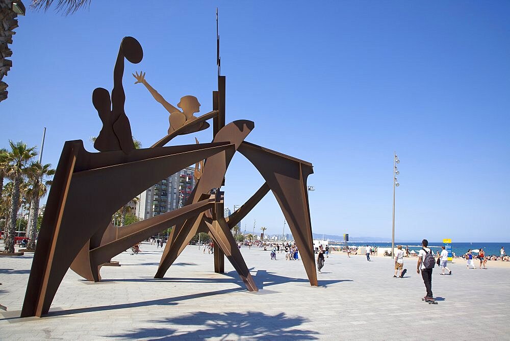 Spain, Catalonia, Barcelona, Playa de St Sebastia, Barceloneta Beach, Plaza del Mar, Swimming Hommage sculpture by Alfredo Lanz.