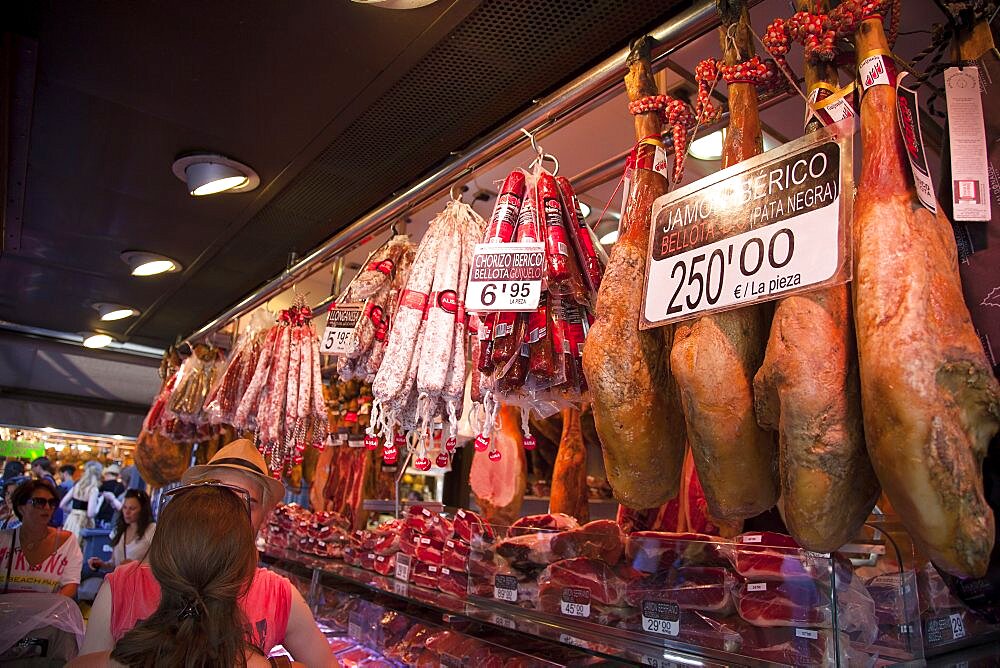 Spain, Catalonia, Barcelona, Interior of La Boqueria market on La Rambla.