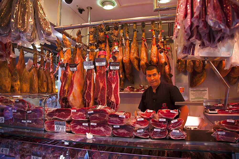 Spain, Catalonia, Barcelona, Interior of La Boqueria market on La Rambla.