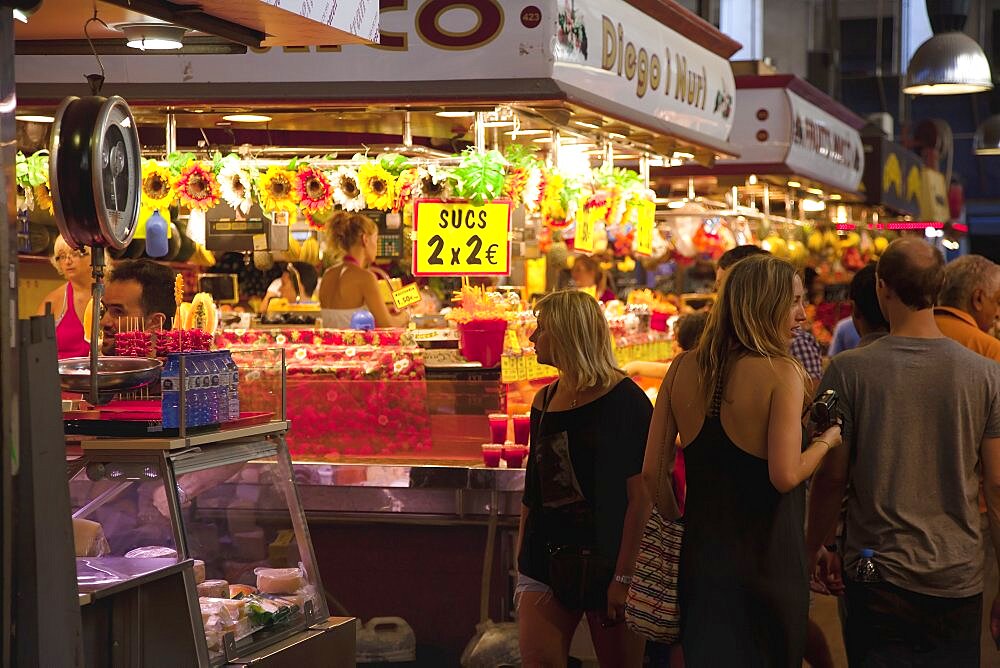 Spain, Catalonia, Barcelona, Interior of La Boqueria market on La Rambla.