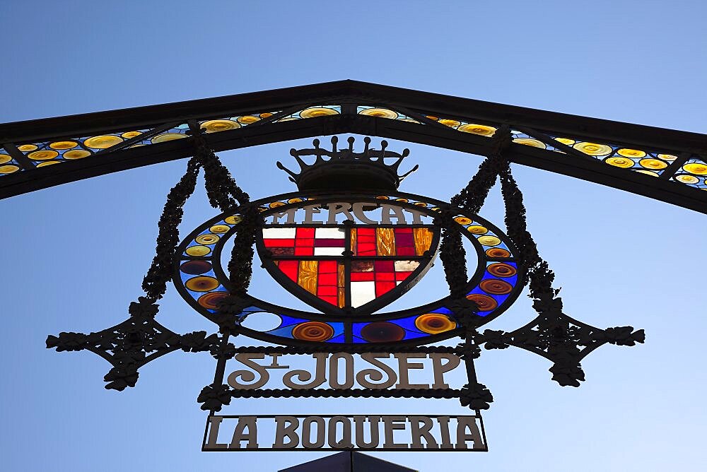 Spain, Catalonia, Barcelona, Ornate sign of La Boqueria market on La Rambla.