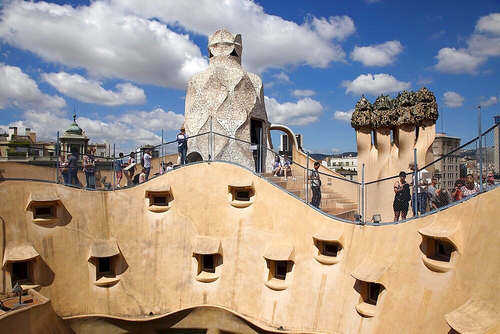 Spain, Catalonia, Barcelona, a Pedrera or Casa Mila on Passeig de Gracia, deisgned by Antoni Gaudi.