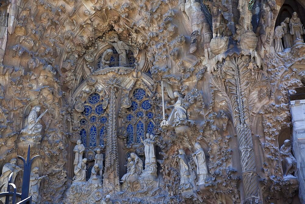 Spain, Catalonia, Barcelona, Eixample, exterior of La Sagrada Familia, designed by Antoni Gaudi.