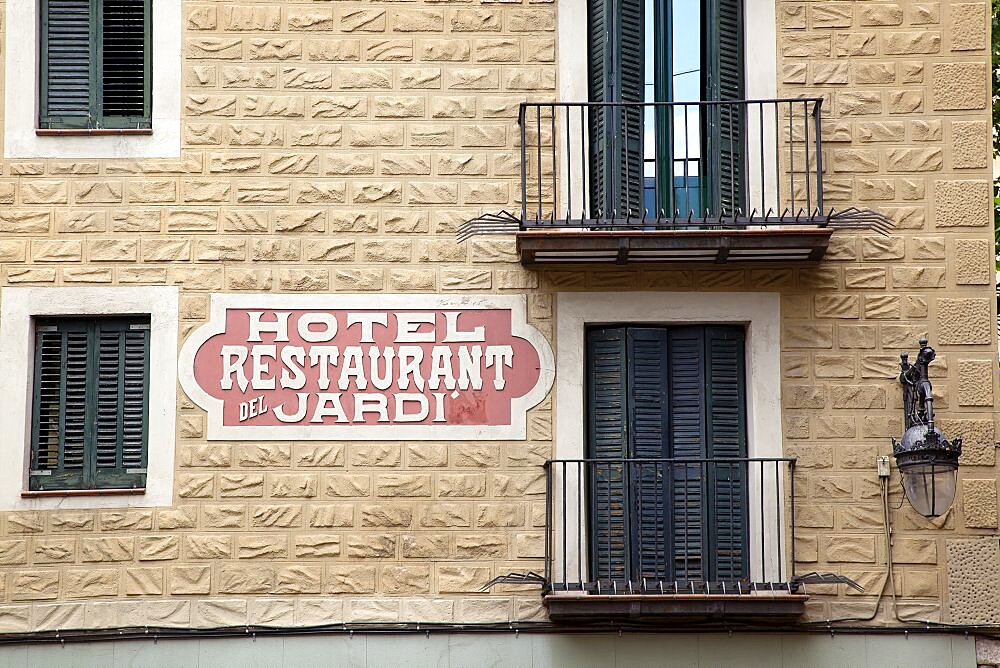 Spain, Catalonia, Barcelona, Ornate building facade in the Gothic quarter Placa del Pi.,