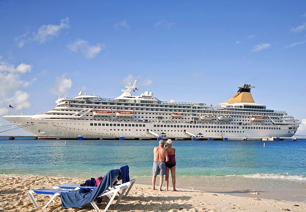 Turks and Caicos Islands, Grand Turk, View of cruise ship from beach.