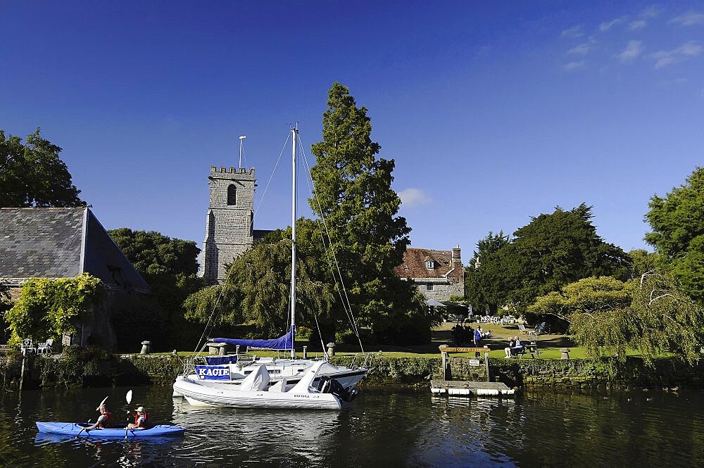 England, Dorset, Wareham, River Frome and Priory Hotel.