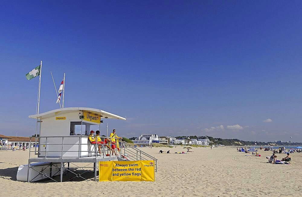 England, Dorset, Poole, Lifeguard Station on Sandbanks Beach.