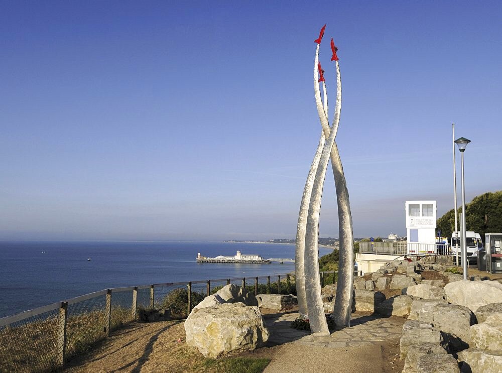 England, Dorset, Bournemouth, Red Arrows Memorial on East Cliff above the beach.