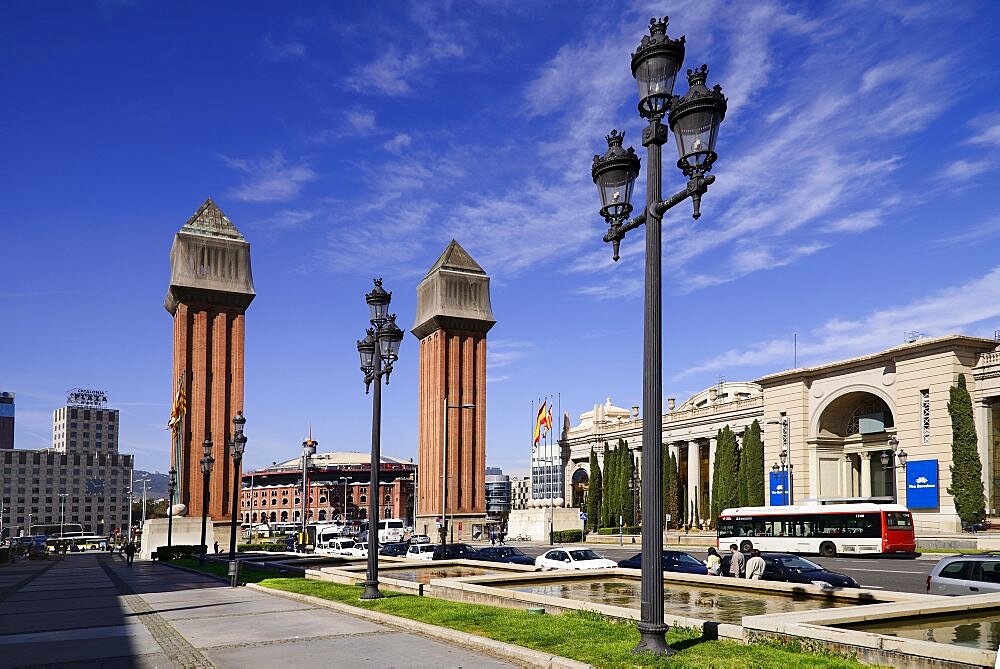 Spain, Catalunya, Barcelona, Placa d'Espanya, Ventian Towers modelled on the Bell Tower of St. Mark's Basilica in Venice.