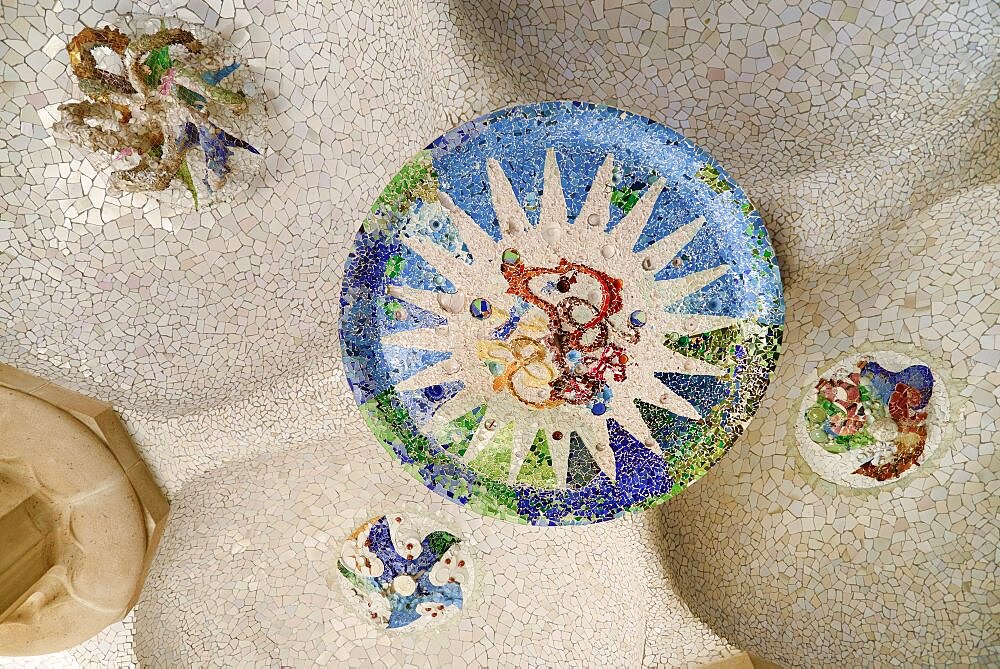 Spain, Catalunya, Barcelona, Parc Guell by Antoni Gaudi, ceiling Mosaic in the Hypostyle Room.