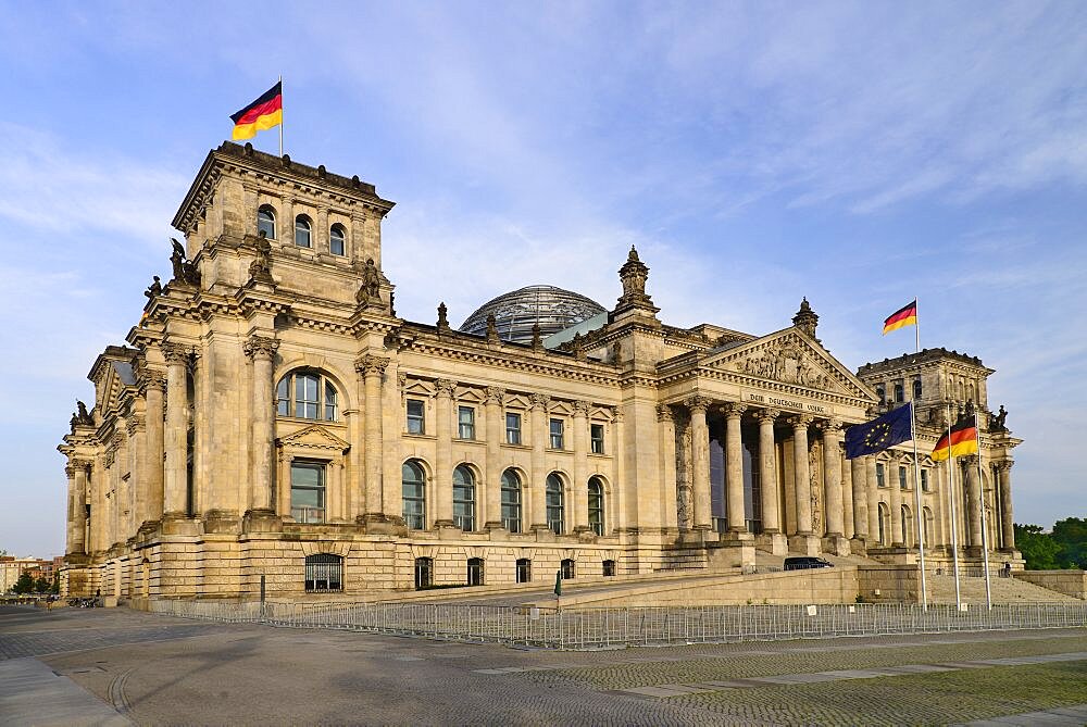 Germany, Berlin, Exterior front view of the Reichstag building which is the seat of the German Parliament designed by Paul Wallot 1884-1894 with glass dome by Sir Norman Foster added during later reconstruction.