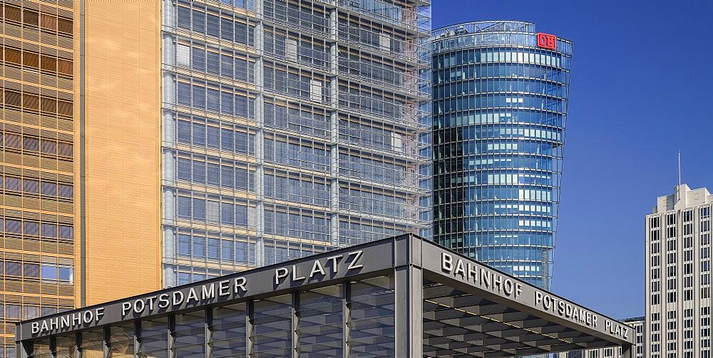 Germany, Berlin, Potzdamer Platz station with Bahn Tower behind.